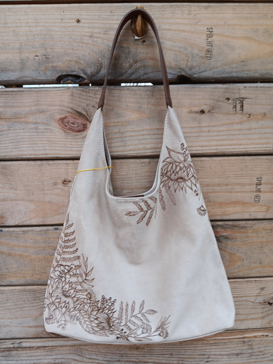 Hand-burned floral tote bag